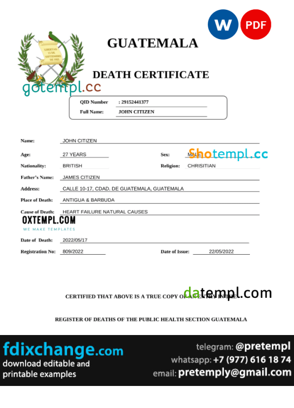 download Guatemala death certificate template free fonts, completely editable