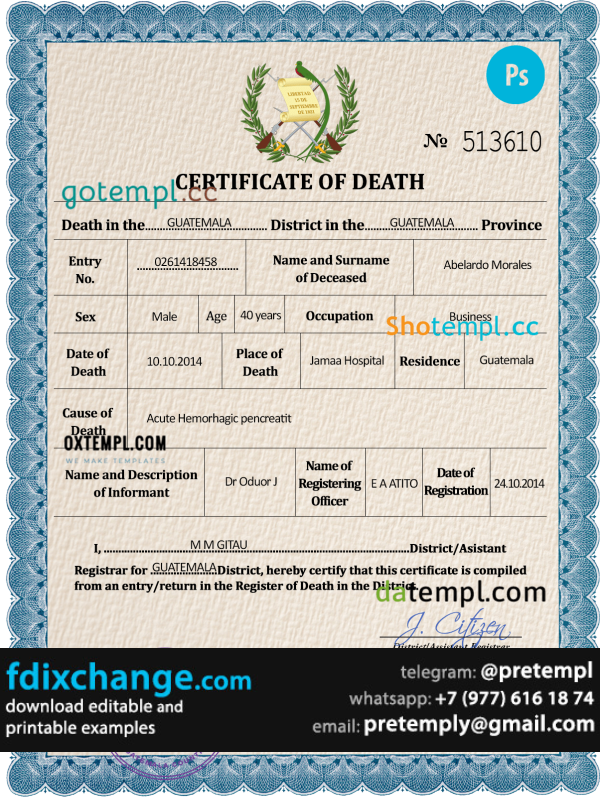 download Guatemala vital record death certificate template free fonts