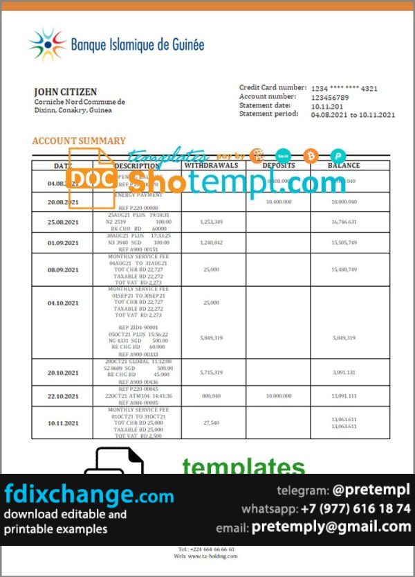 download Guinea Banque Islamique de Guinée proof of address bank statement template free fonts