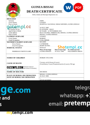 download Guinea Bissau vital record death certificate template free fonts