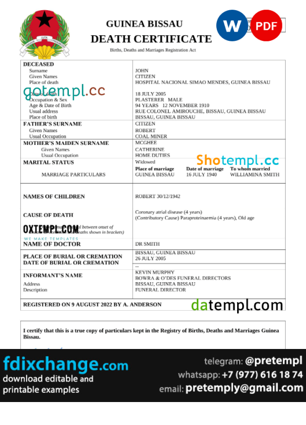 download Guinea Bissau vital record death certificate template free fonts