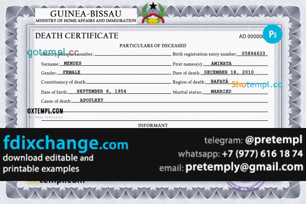download Guinea-Bissau vital record death certificate template free fonts, completely editable
