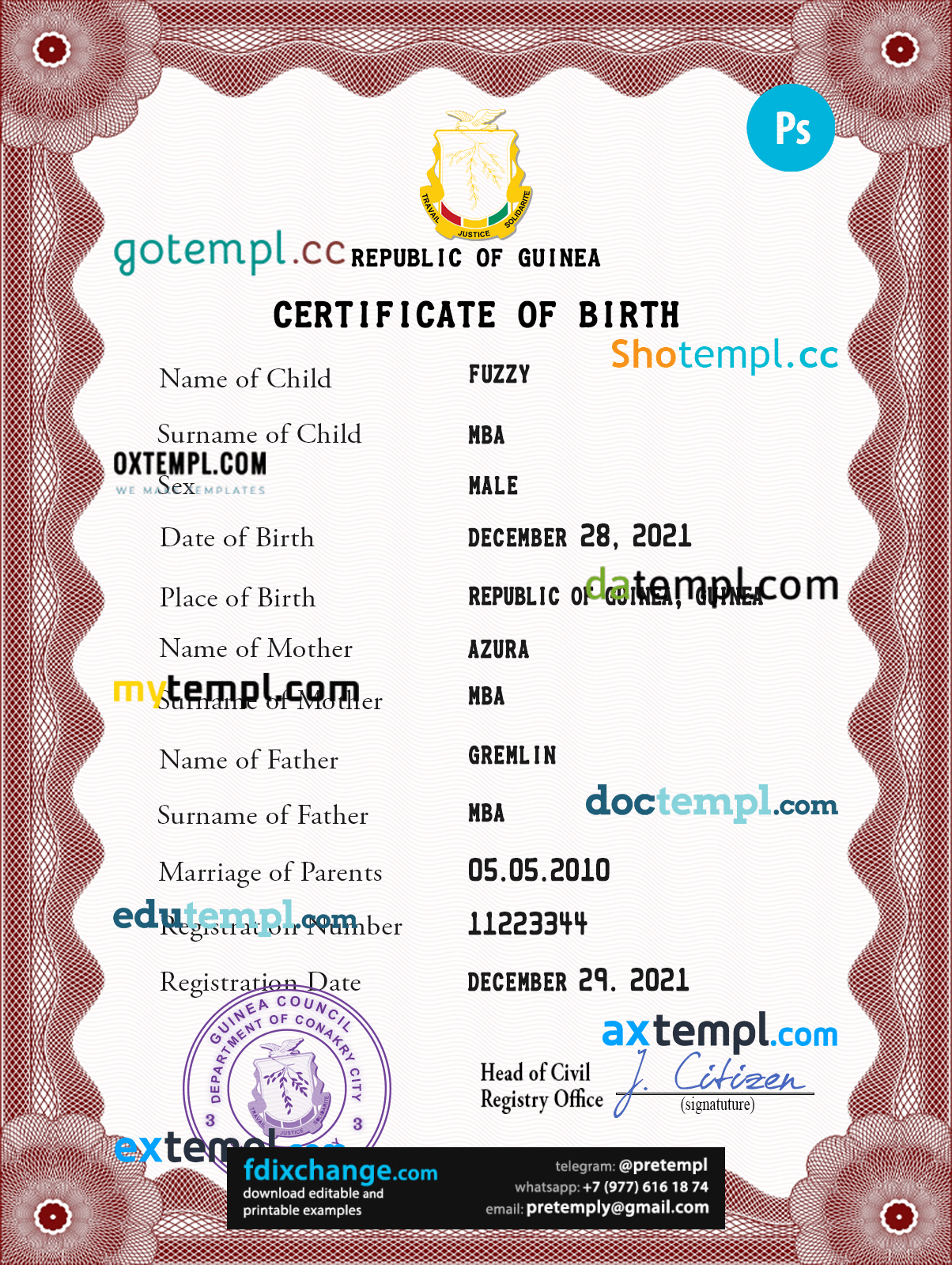 download Guinea vital record birth certificate template free fonts, completely editable