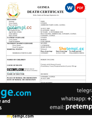 download Guinea death certificate template free fonts, completely editable