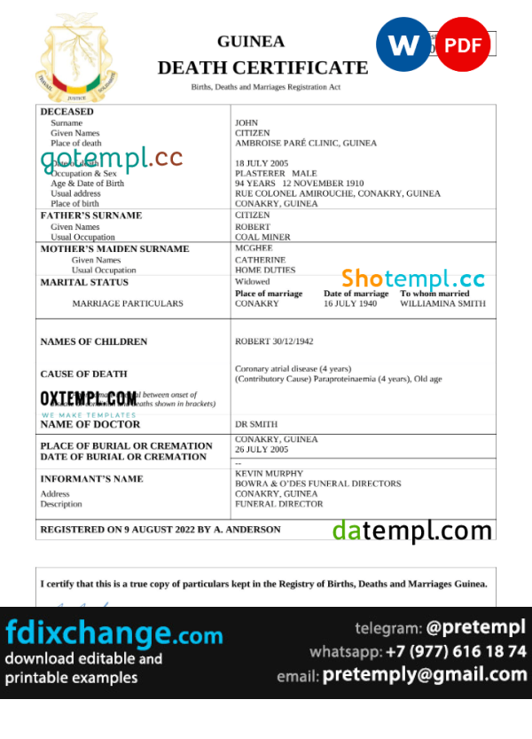 download Guinea death certificate template free fonts, completely editable
