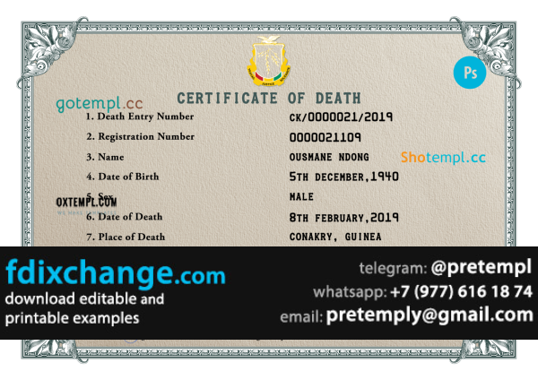 download Guinea death certificate template free fonts, completely editable
