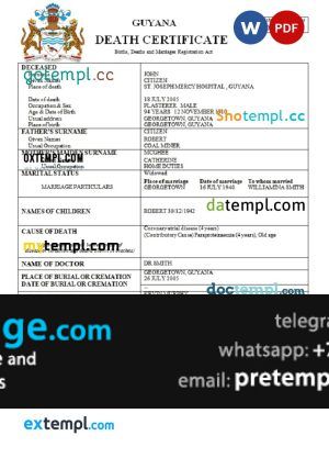 download Guyana death certificate template free fonts, completely editable