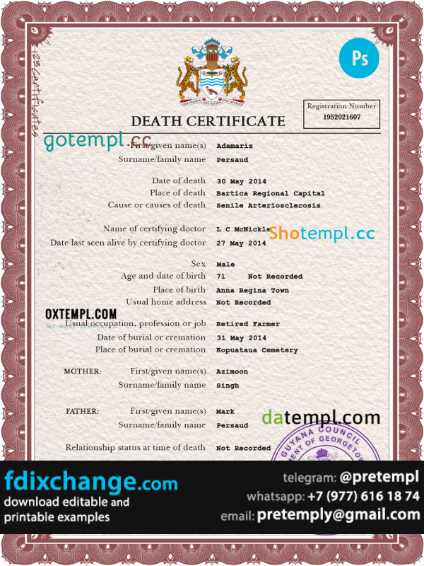 download Guyana vital record death certificate template free fonts