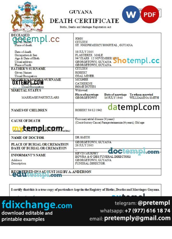 download Guyana death certificate template free fonts, completely editable