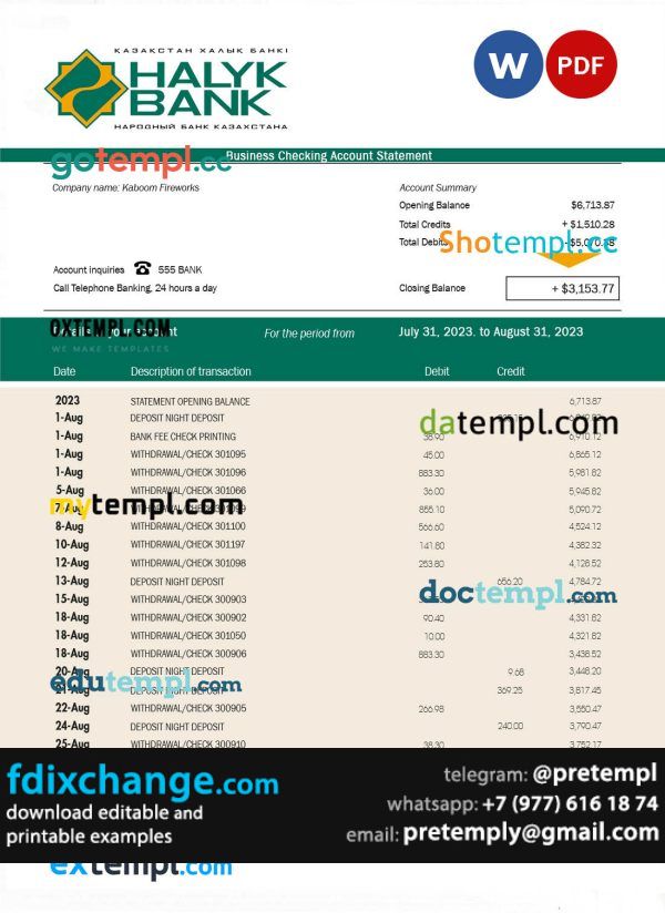 download Halyk Bank organization account statement template free fonts