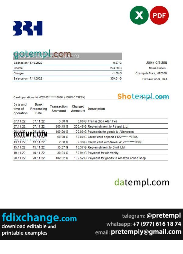 download Haiti BRH bank statement template free fonts