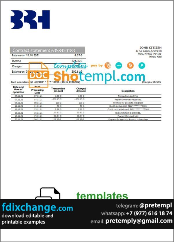 download Haiti BRH bank statement template free fonts