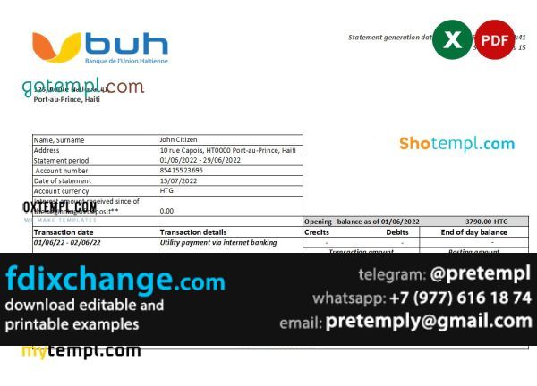 download Haiti BUH bank statement template free fonts
