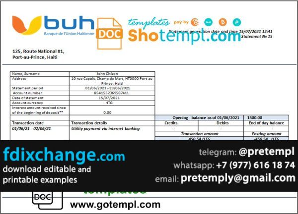 download Haiti BUH bank statement template free fonts