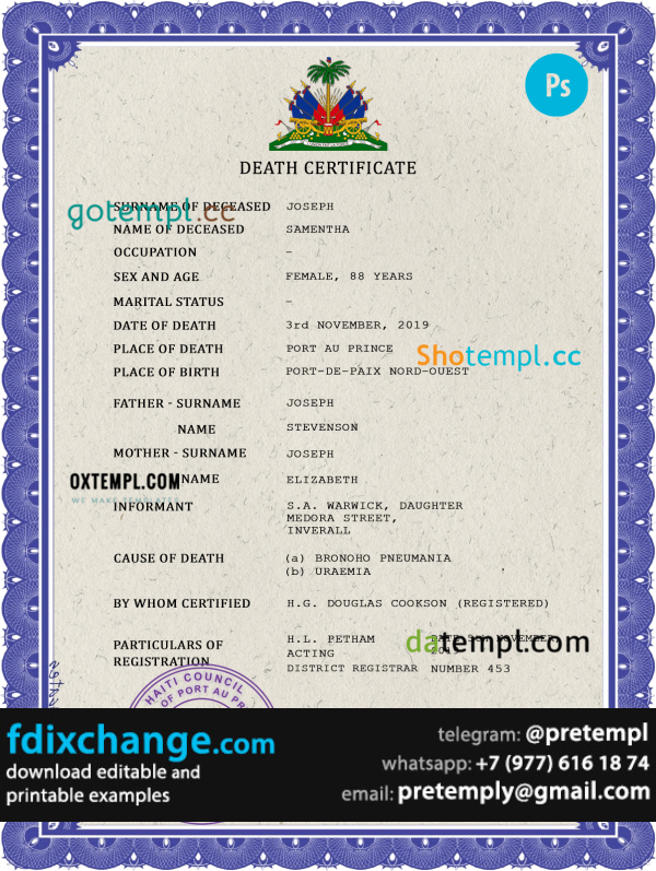 download Haiti death certificate template free fonts, completely editable