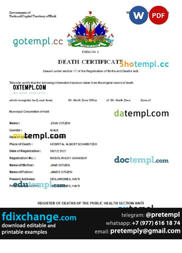 download Haiti death certificate template free fonts, completely editable