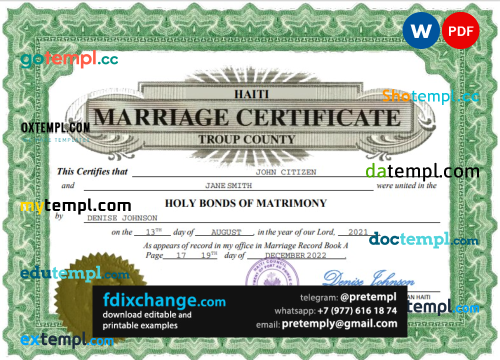 download Haiti marriage certificate template free fonts, completely editable