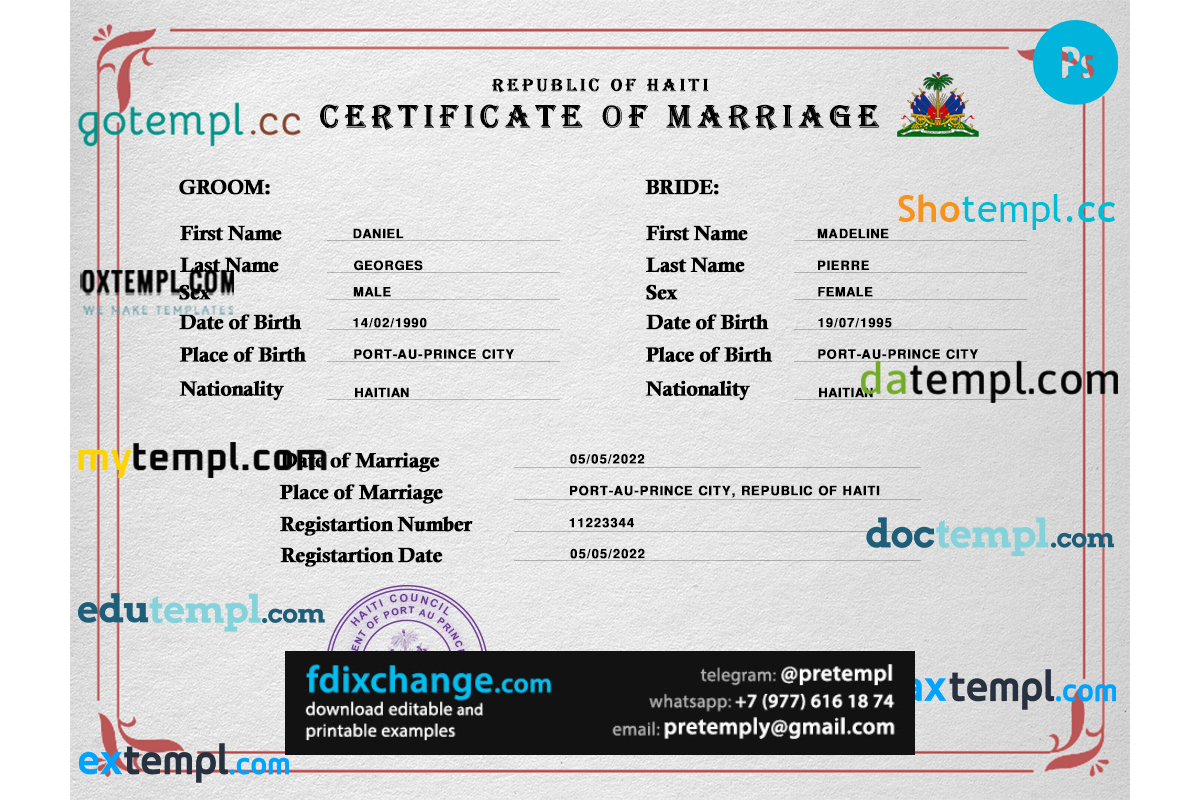 download Haiti marriage certificate template free fonts, completely editable