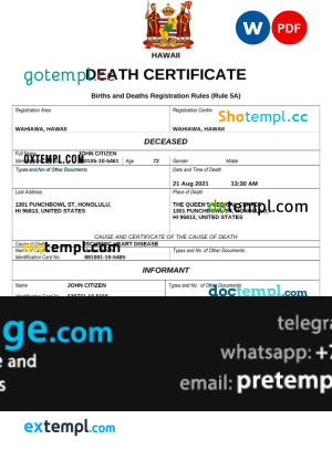 download Hawaii death certificate template free fonts, completely editable