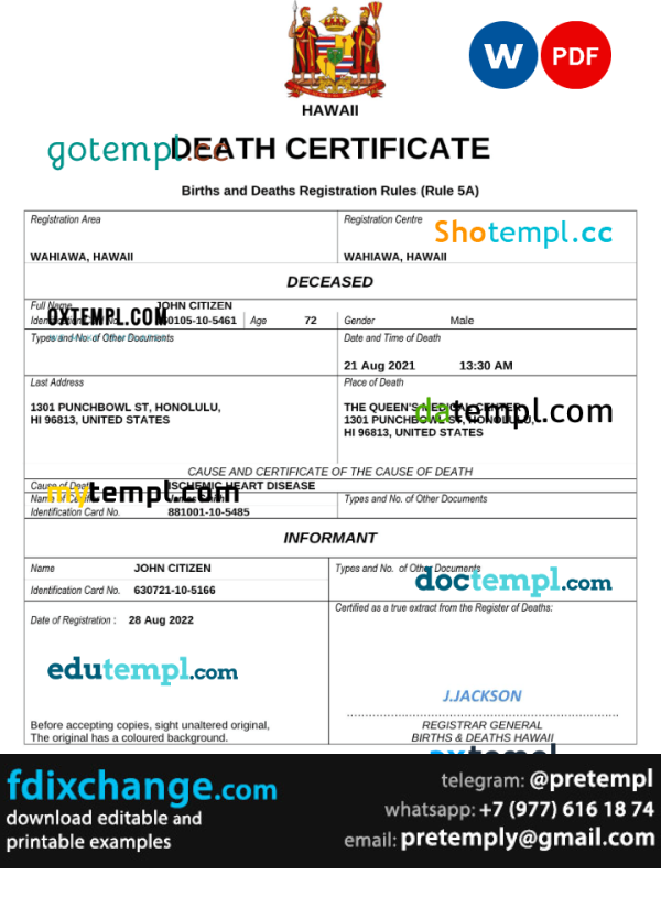 download Hawaii death certificate template free fonts, completely editable