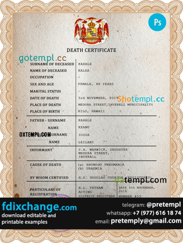 download Hawaii vital record death certificate template free fonts
