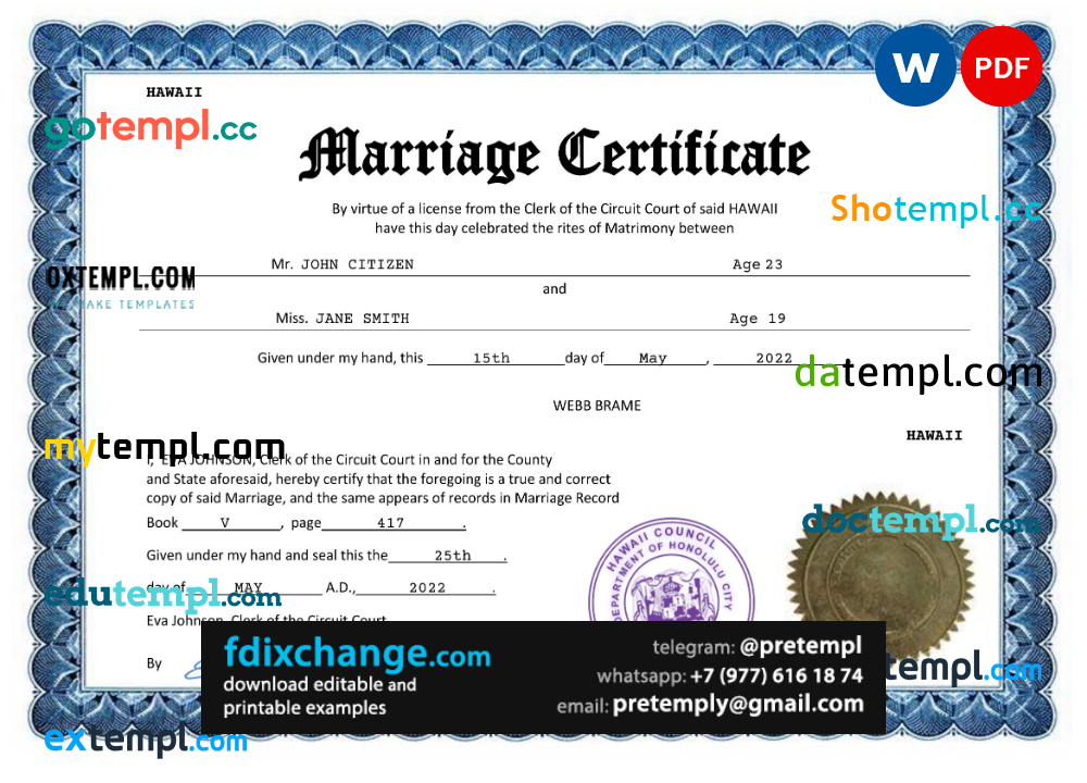 download Hawaii marriage certificate template free fonts, fully editable