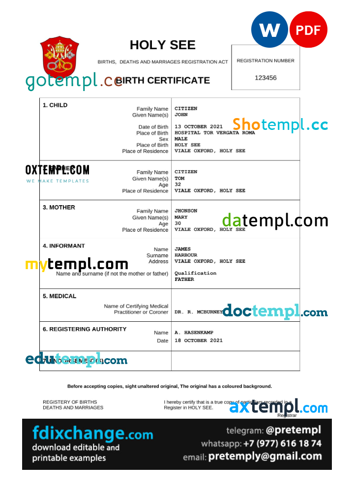 download Holy See vital record birth certificate template free fonts, completely editable