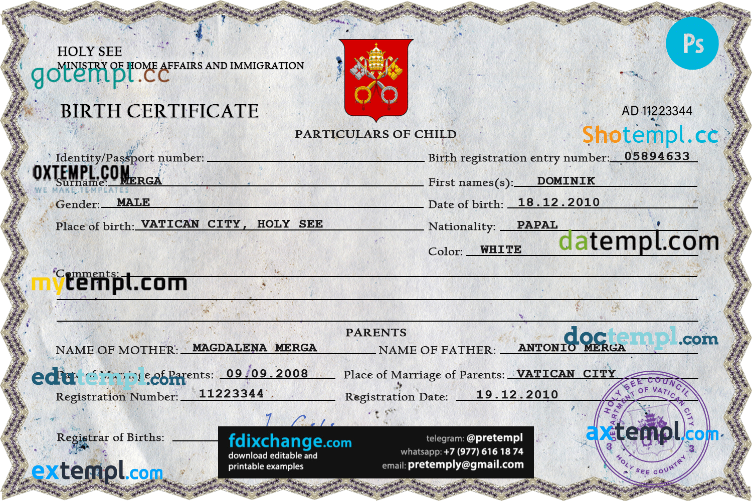 download Holy See vital record birth certificate template free fonts