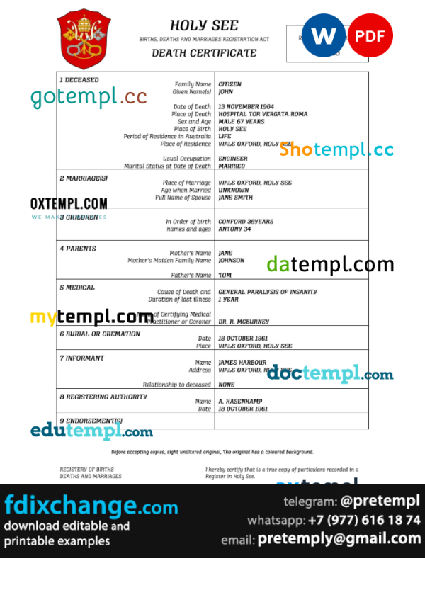 download Holy See vital record death certificate template free fonts