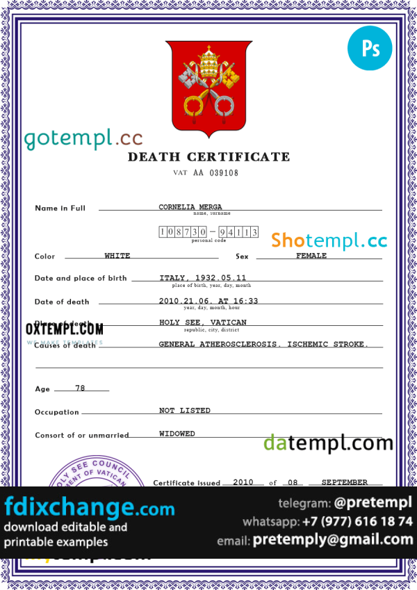 download Holy See vital record death certificate template free fonts
