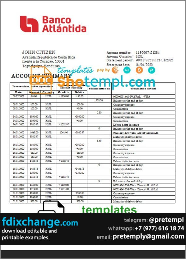download Honduras Banco Atlantida Bank statement template free fonts