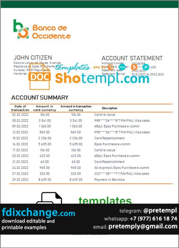 download Honduras Banco de Occidente Bank statement template free fonts