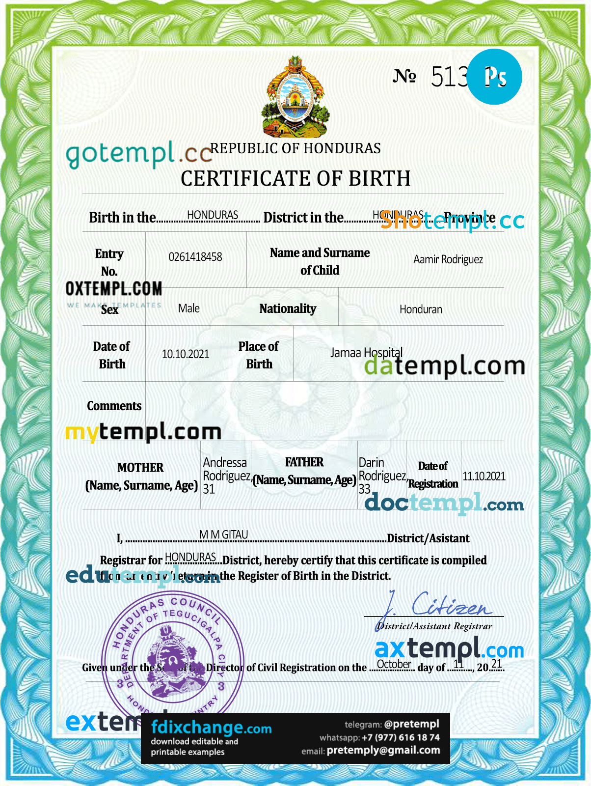 download Honduras vital record birth certificate template free fonts