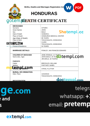 download Honduras vital record death certificate template free fonts