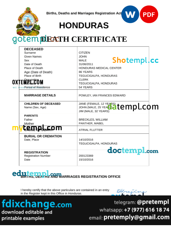 download Honduras vital record death certificate template free fonts
