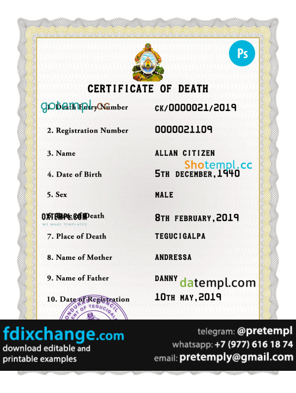 download Honduras death certificate template free fonts, completely editable