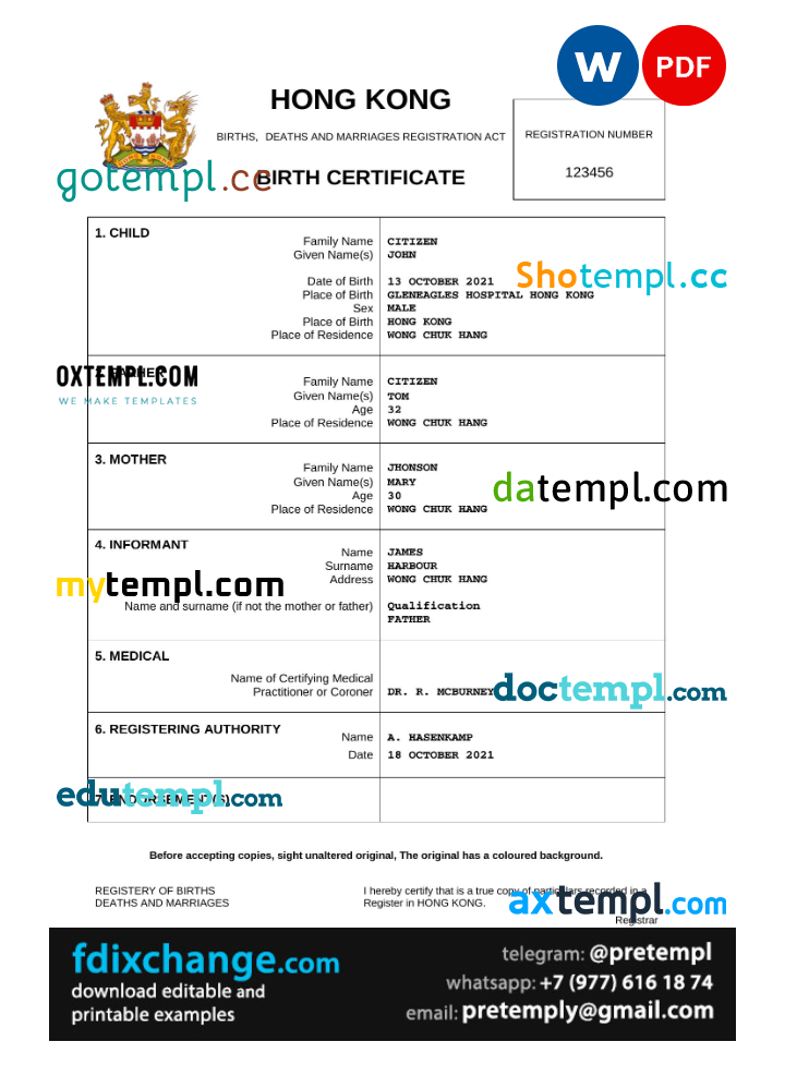 download Hong Kong birth certificate template free fonts, completely editable