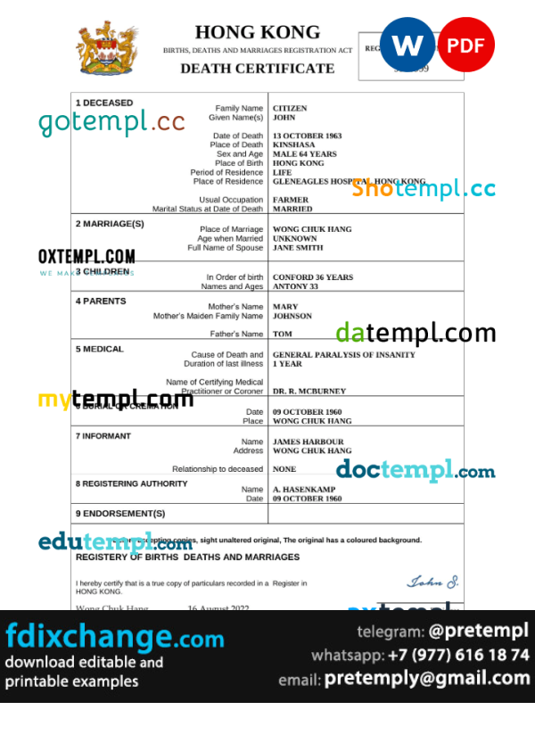 download Hong Kong death certificate template free fonts, completely editable