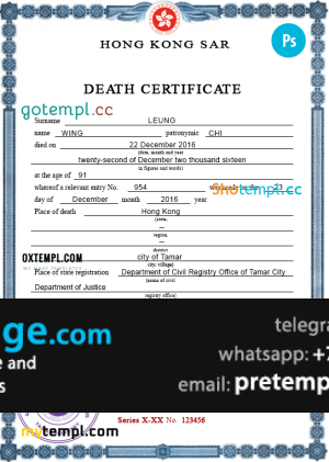 download Hong-Kong vital record death certificate template free fonts, completely editable