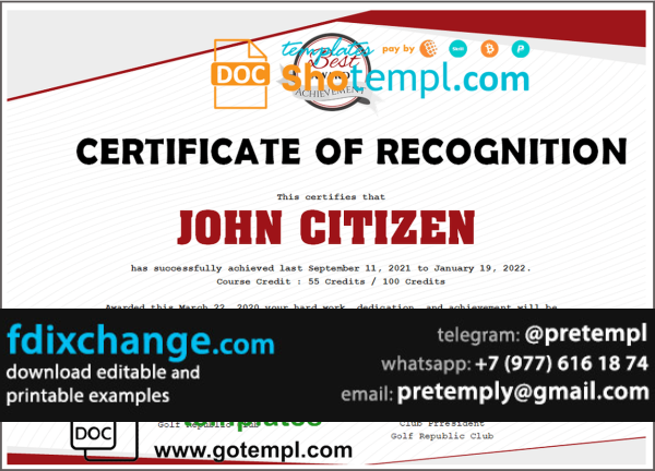 download USA Recognition certificate template free fonts, version 2