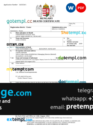 download Hungary vital record death certificate template free fonts