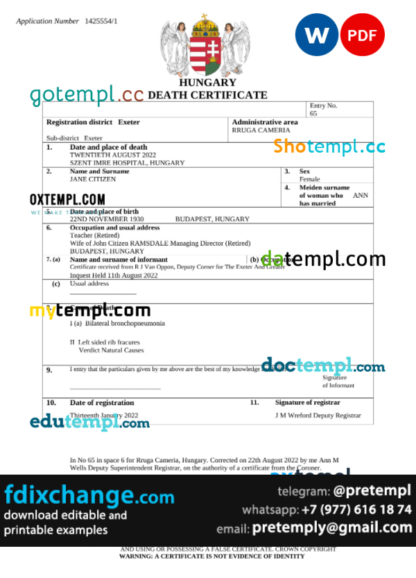 download Hungary vital record death certificate template free fonts