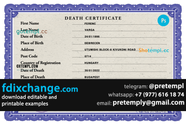 download Hungary vital record death certificate template free fonts