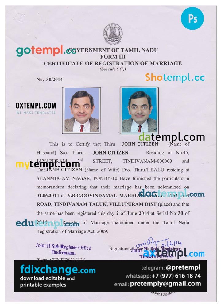 download India (Tamil Nadu) marriage certificate template free fonts