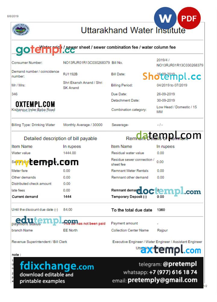 download INDIA UTTARAKHAND WATER utility bill template free fonts