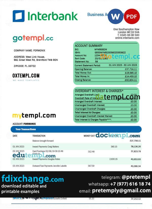 download Interbank organization account statement template free fonts