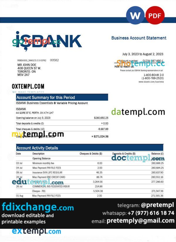 download ISBANK corporate checking account statement template free fonts