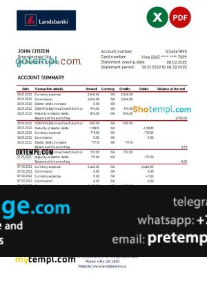 download Iceland Landsbankinn bank statement template free fonts