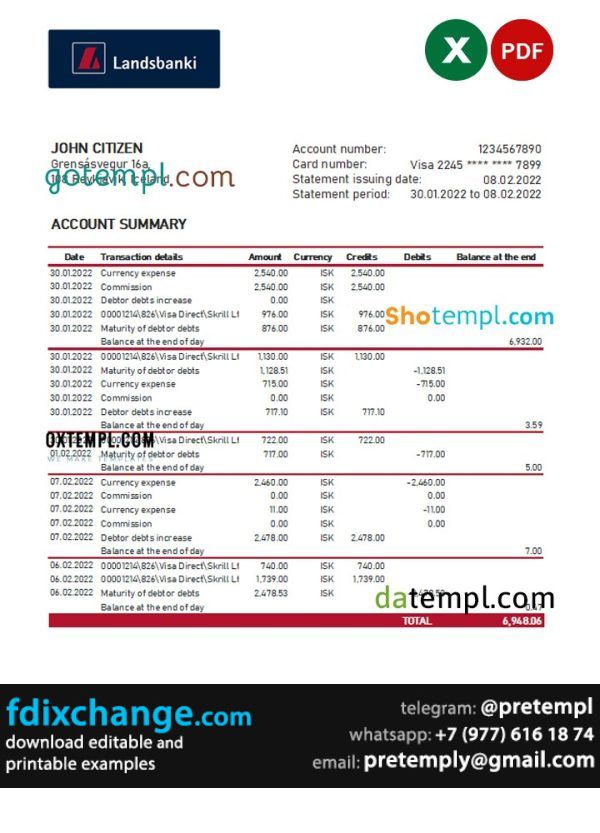 download Iceland Landsbankinn bank statement template free fonts