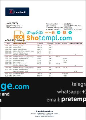 download Iceland Landsbanki proof of address bank statement template free fonts